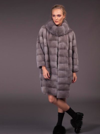 natural sapphire mink fur coat with high double collar