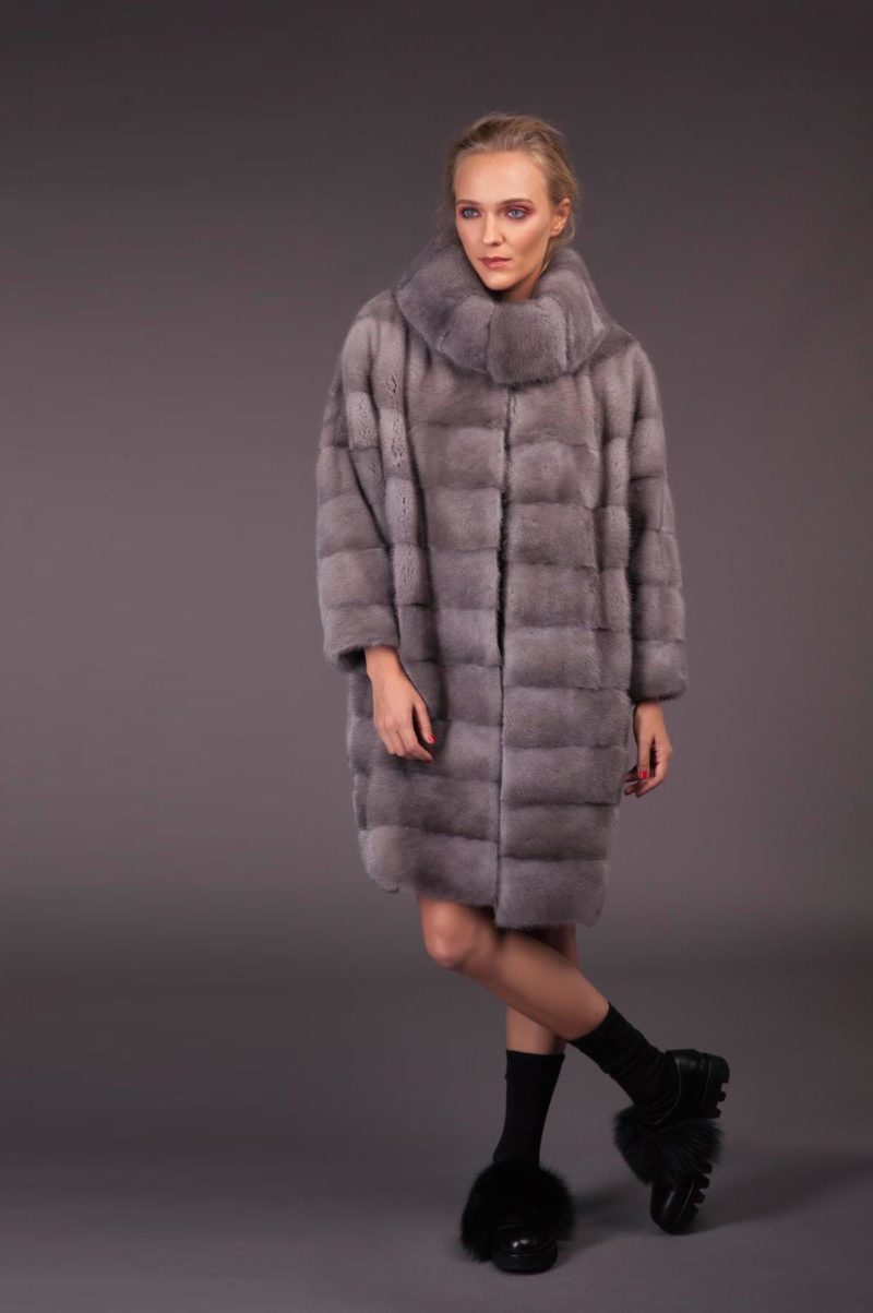 natural sapphire mink fur coat with high double collar