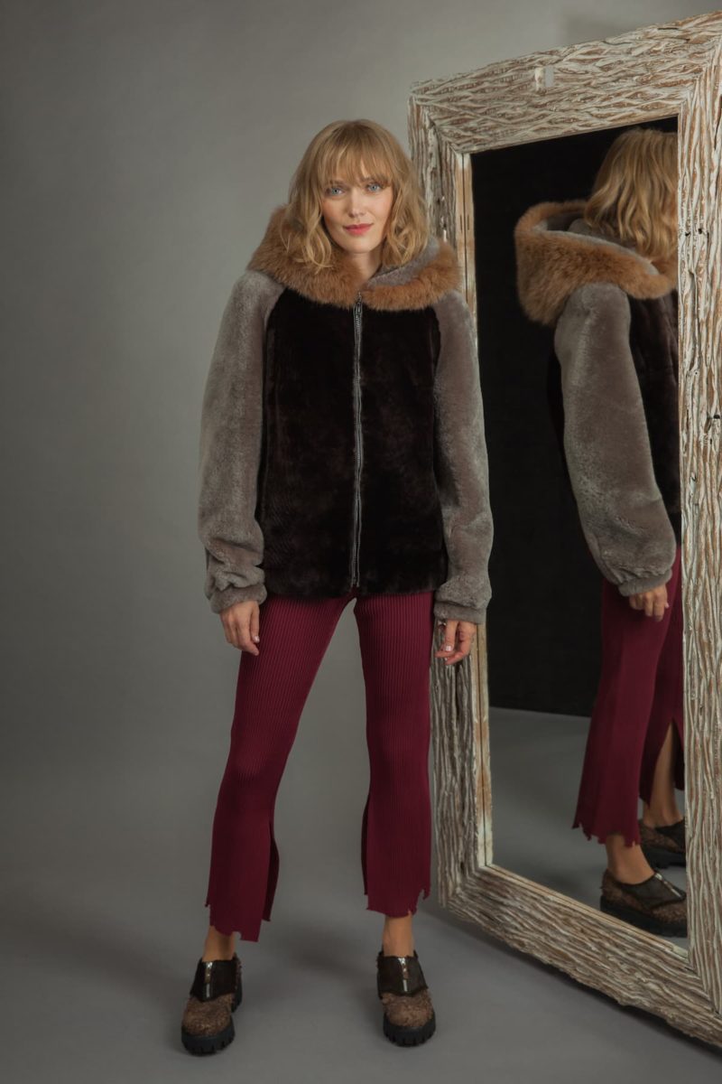 ornamented brown mouton fur hooded bomber jacket