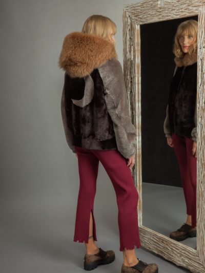 ornamented brown mouton fur hooded bomber jacket