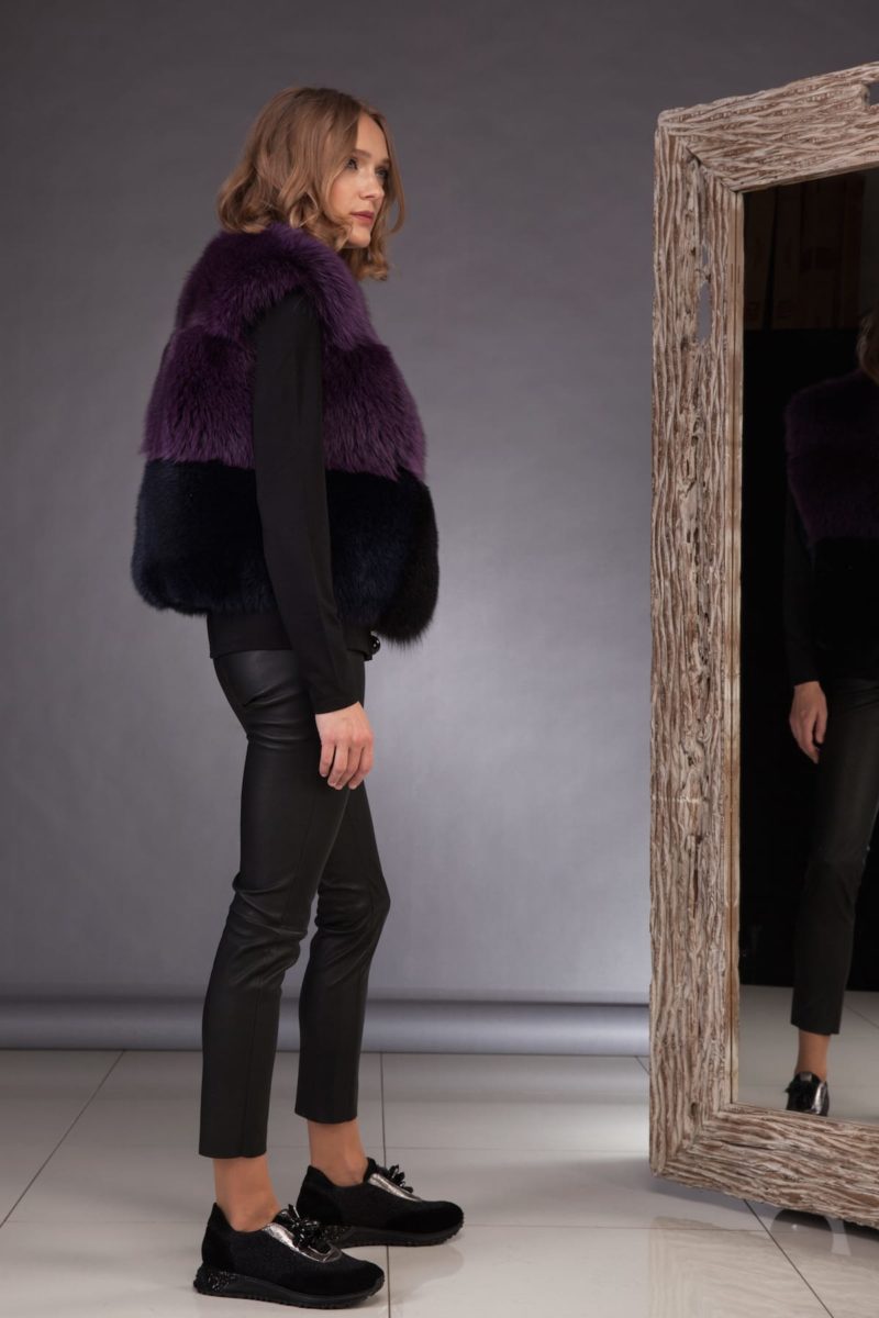 short multicolor fox fur vest in purple black