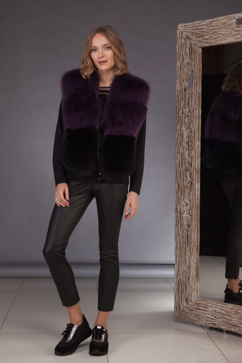 short multicolor fox fur vest in purple black