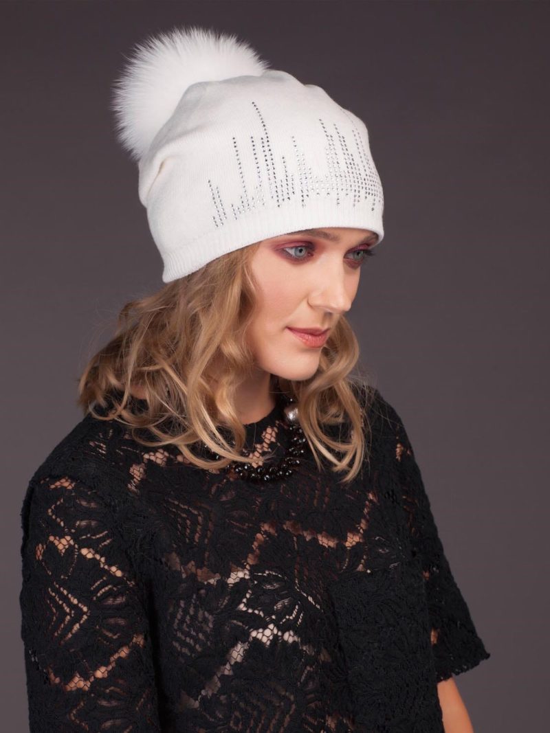 white knit cashmere hat with fox fur pom for women