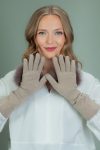 beige cashmere wool gloves with brown fox fur decoration