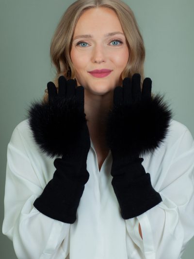 black cashmere wool gloves with fox fur decoration