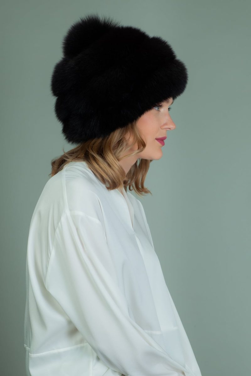 black fox fur hat with pom pom-