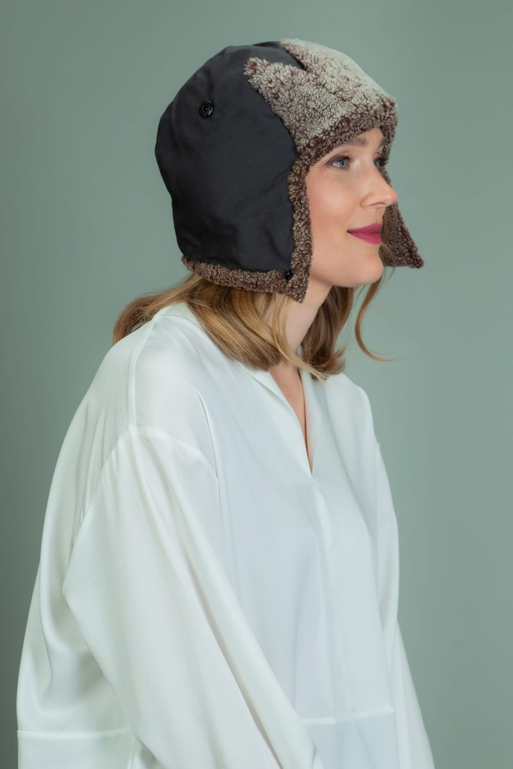 FurLined Brown Shearling Fur Hat / Helmet Handmade by NordFur