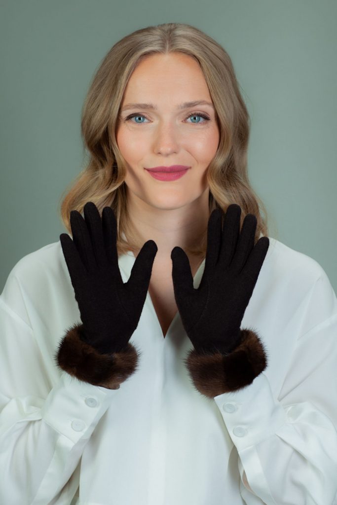 Brown Wool Gloves with Mink Fur Wrist Cuffs Handmade by NordFur