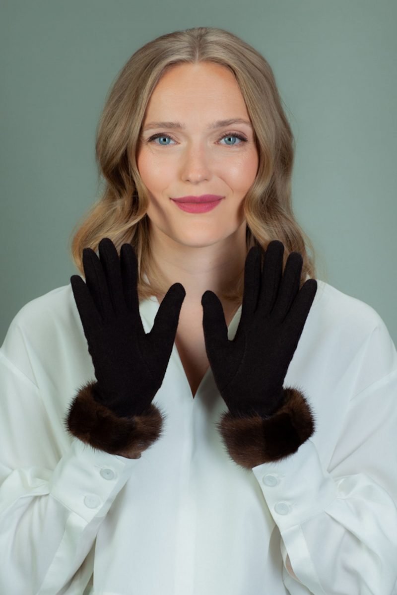 brown wool gloves with mink fur wrist cuffs