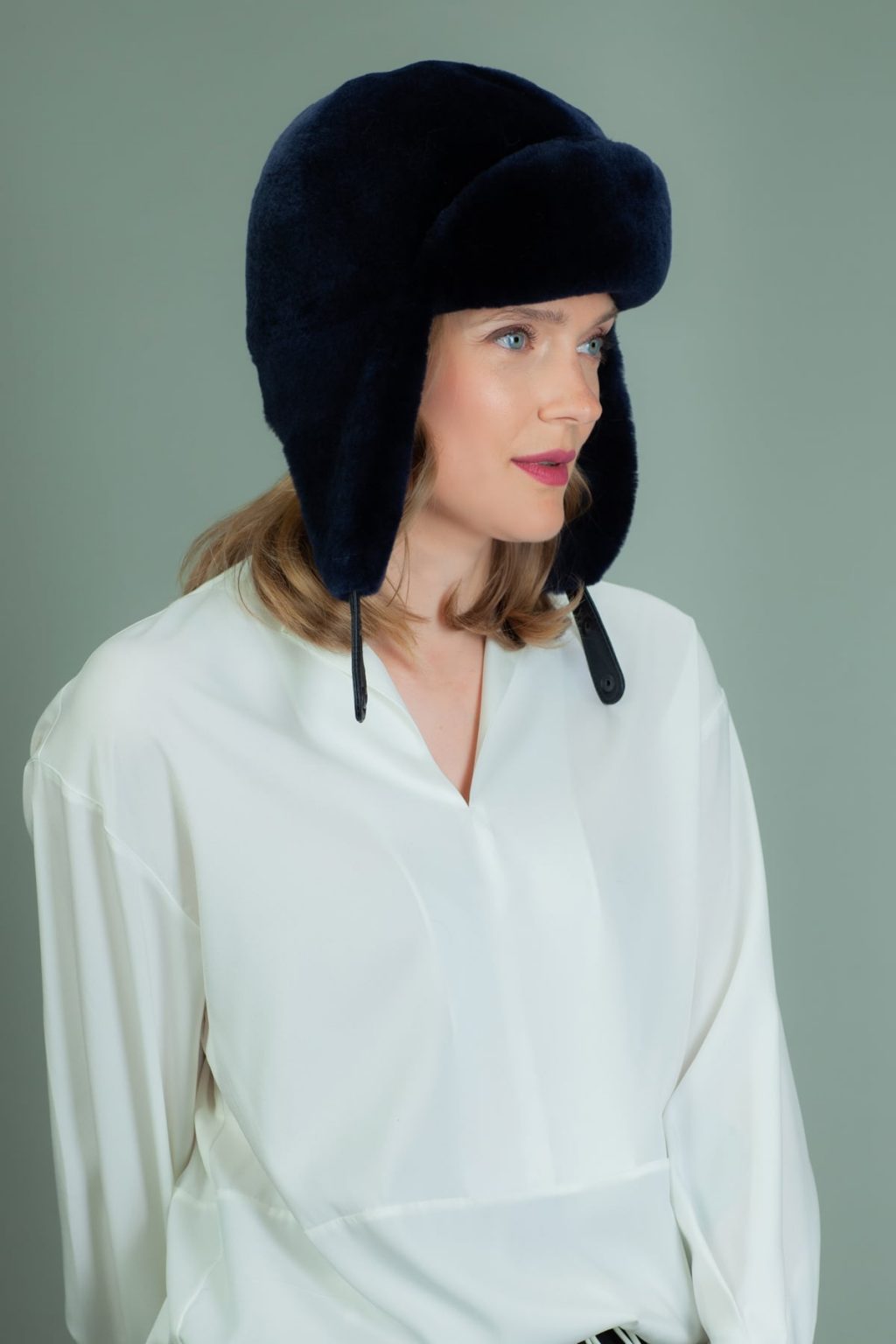 Dark Blue Mouton Sheepskin Trapper Hat for Men & Women Handmade by