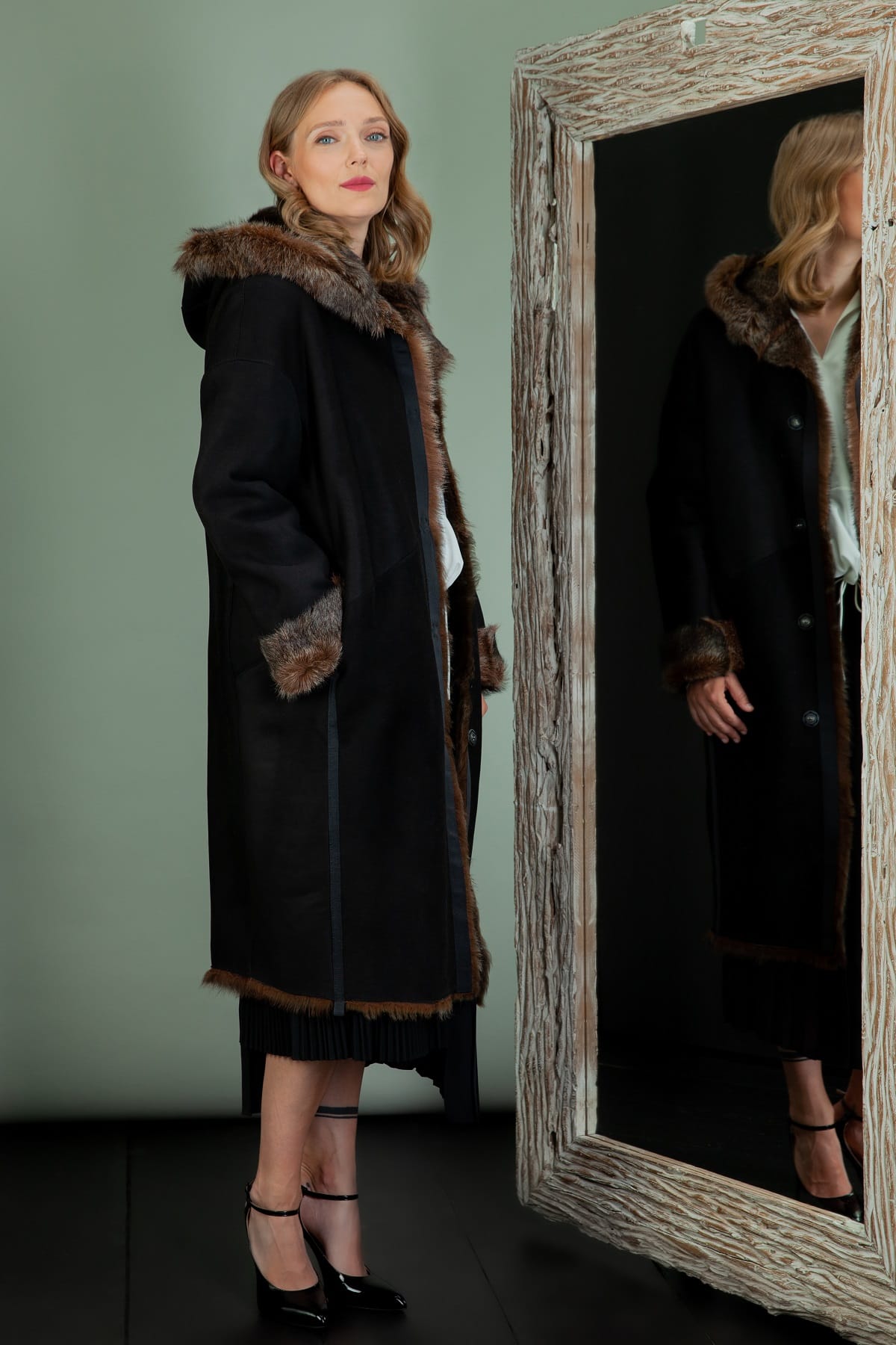 Fur Lined Hooded Dark Brown Sheepskin Coat | Handmade by NordFur