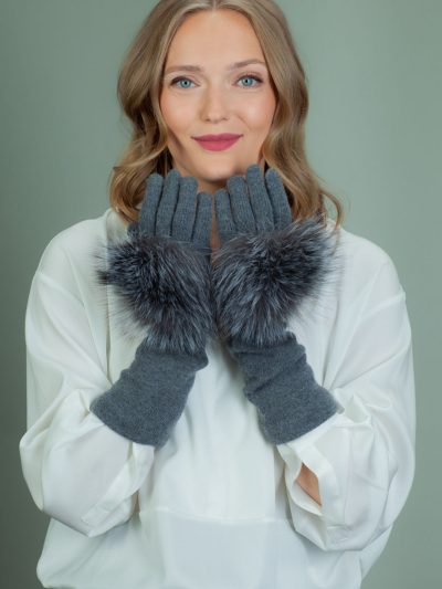 gray cashmere wool gloves with silver fox fur decoration
