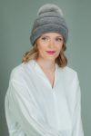 gray sheepskin hat with fox fur pom-pom