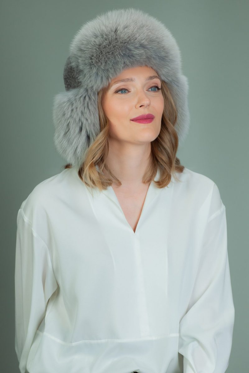gray sheepskin ushanka hat with fox fur ear flaps
