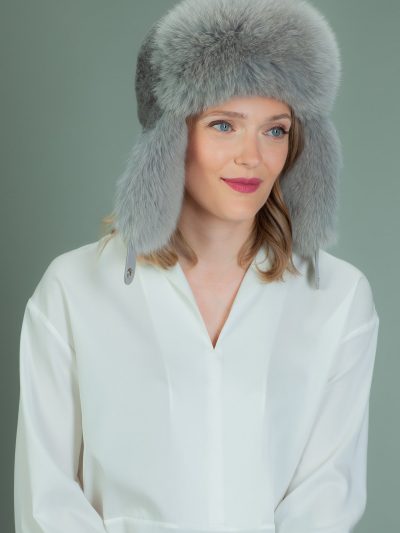 gray sheepskin ushanka hat with fox fur ear flaps
