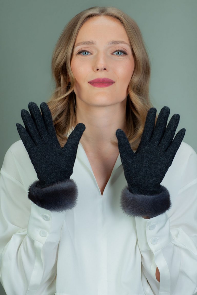 Gray Wool Gloves With Mink Fur Wrist Cuffs Handmade By Nordfur