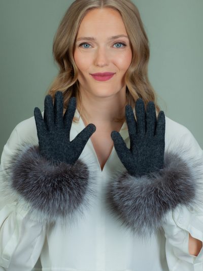 gray wool gloves with silver fox fur wrist cuffs