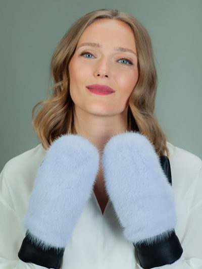 light blue merino sheepskin mittens with mink fur decoration