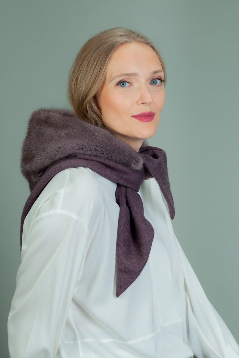 purple cashmere hooded scarf with mink fur