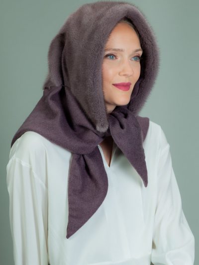 purple cashmere hooded scarf with mink fur