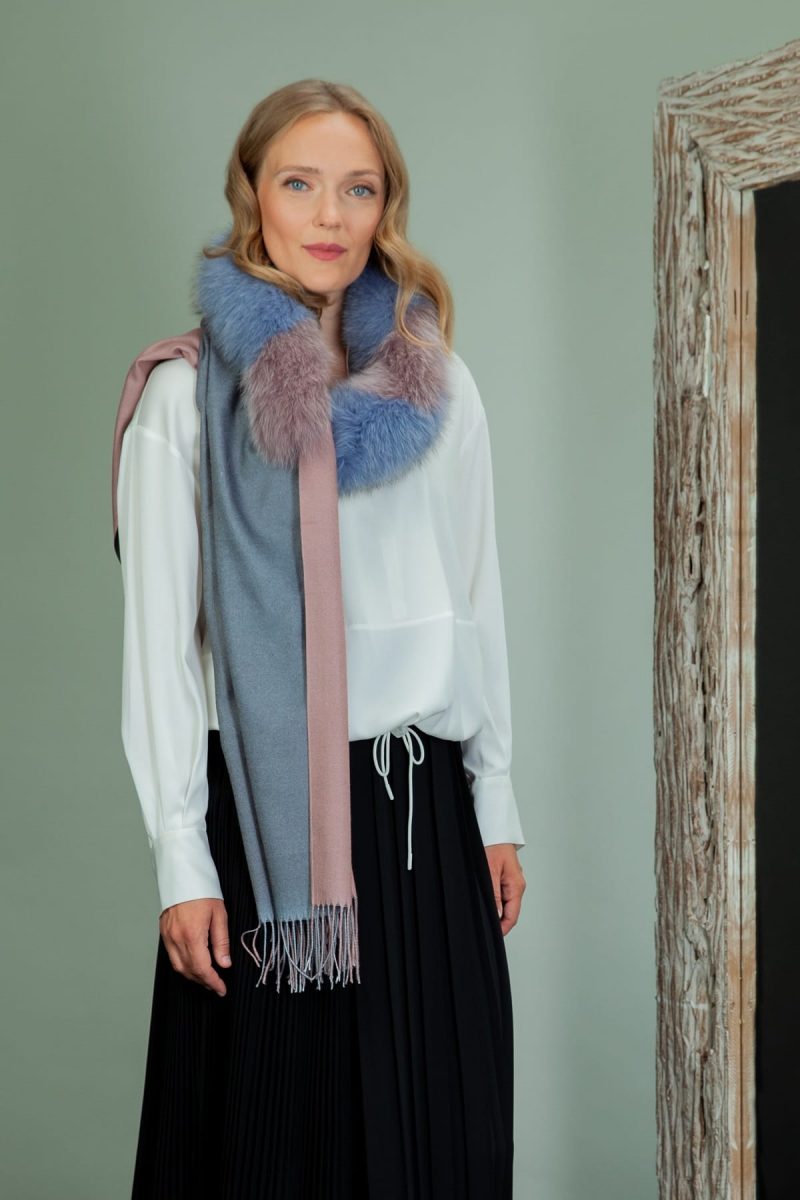 purple wool shawl with fox fur collar