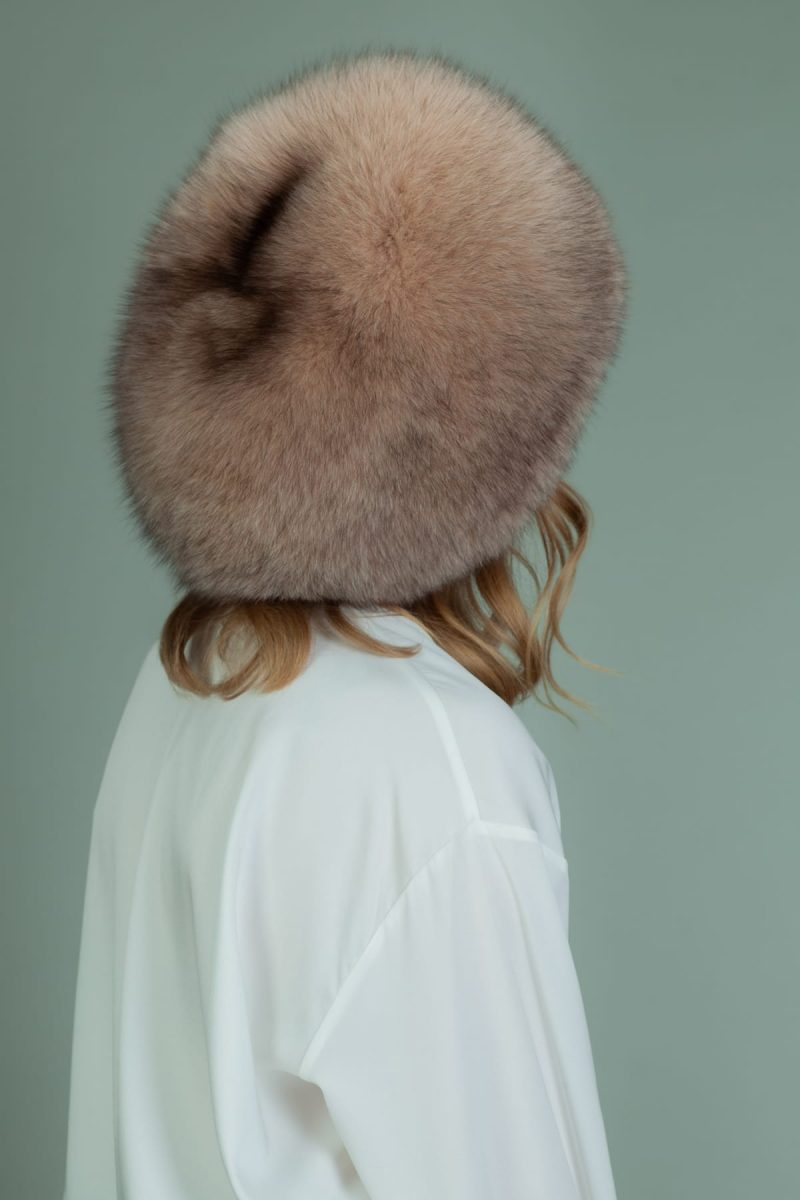 round beige fox fur hat with snap