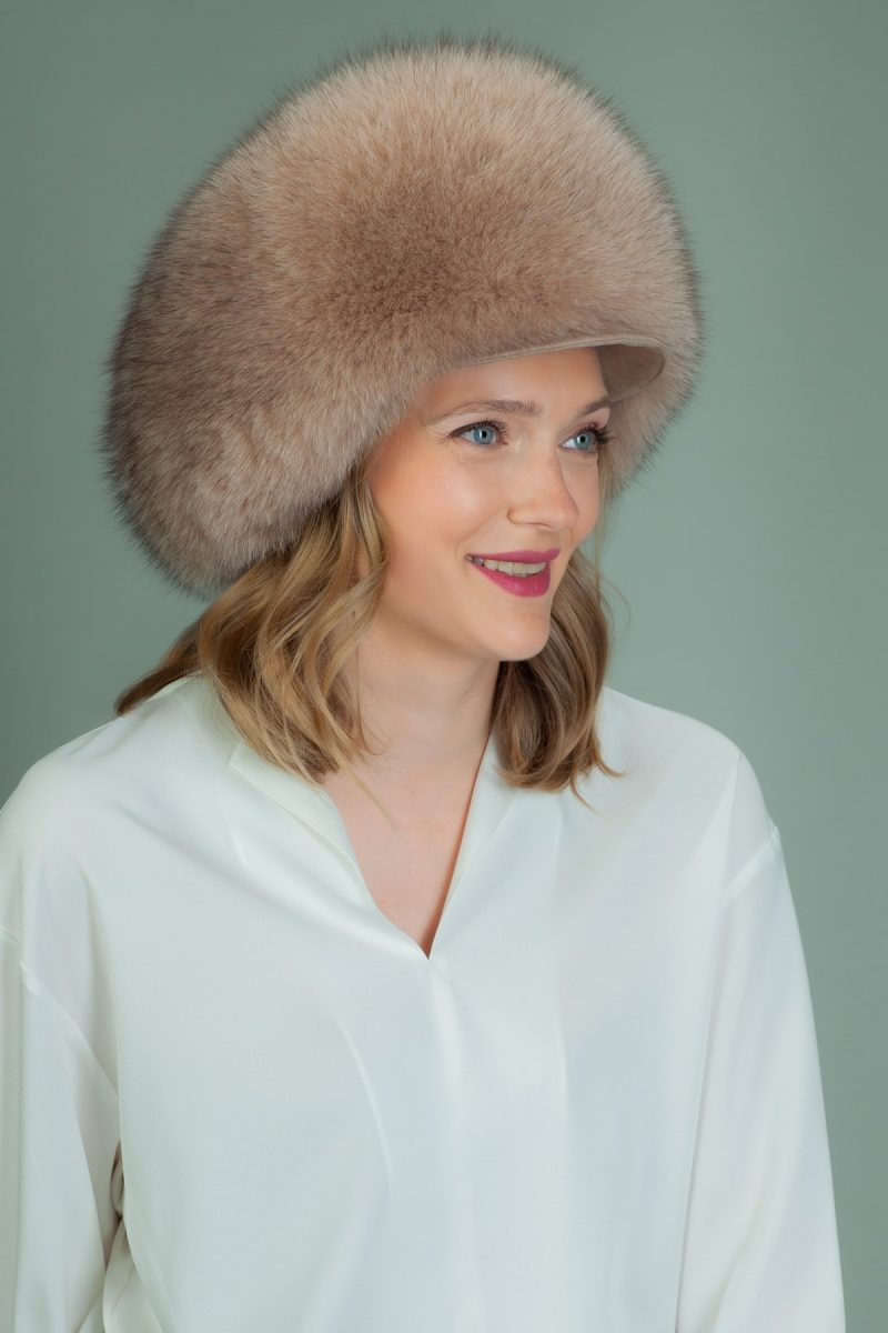 round beige fox fur hat with snap