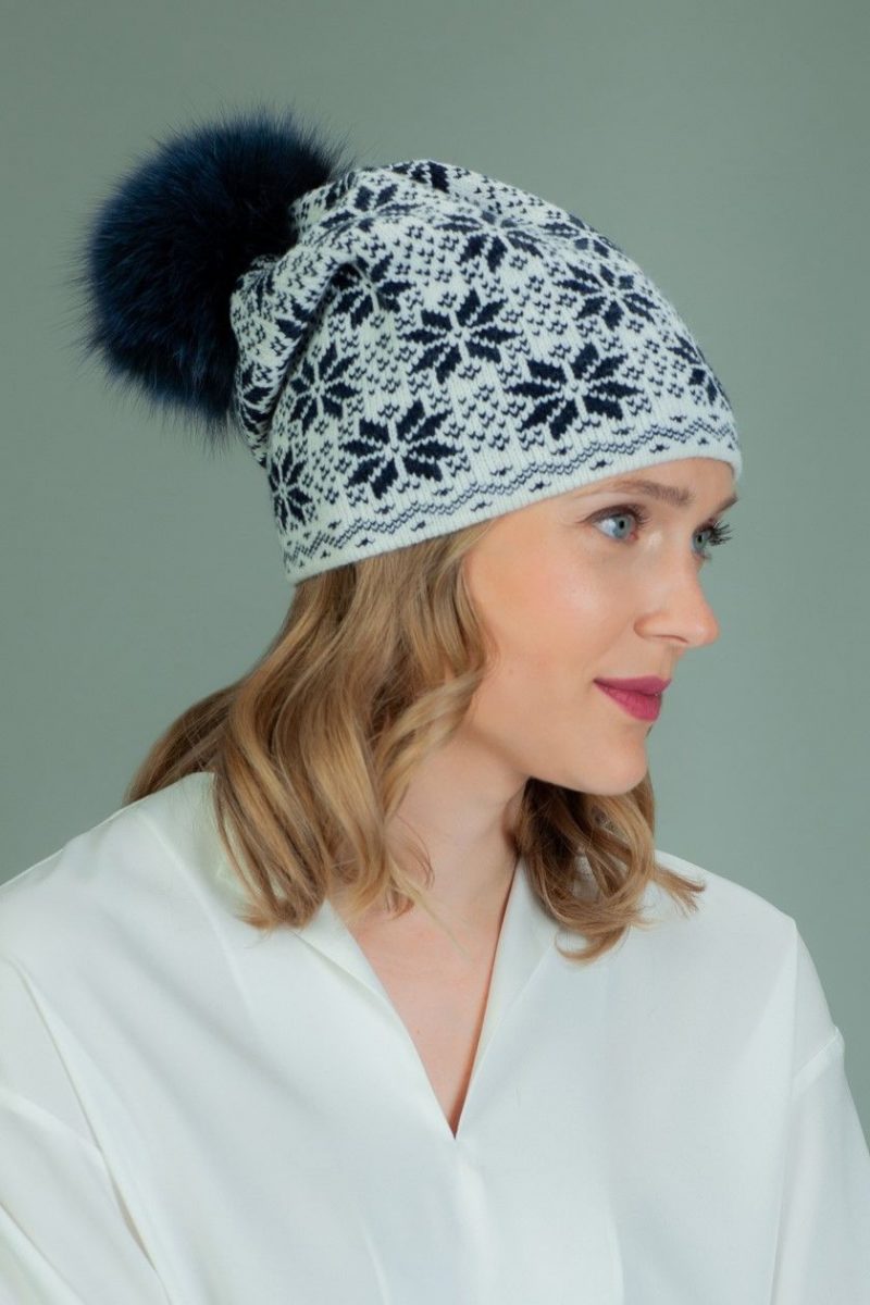 slouchy wool hat with fur pom-pom with dark blue star pattern in white background