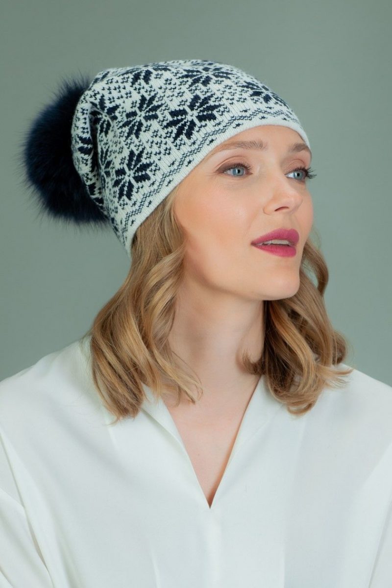 slouchy wool hat with fur pom-pom with dark blue star pattern in white background
