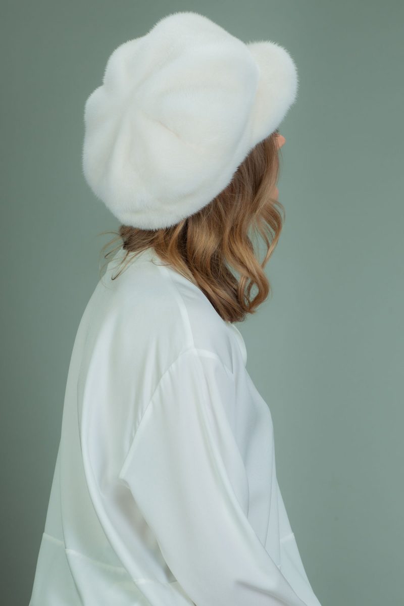 white mink fur hat with snap