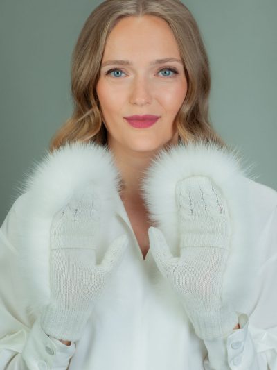 white wool mittens with fox fur decoration