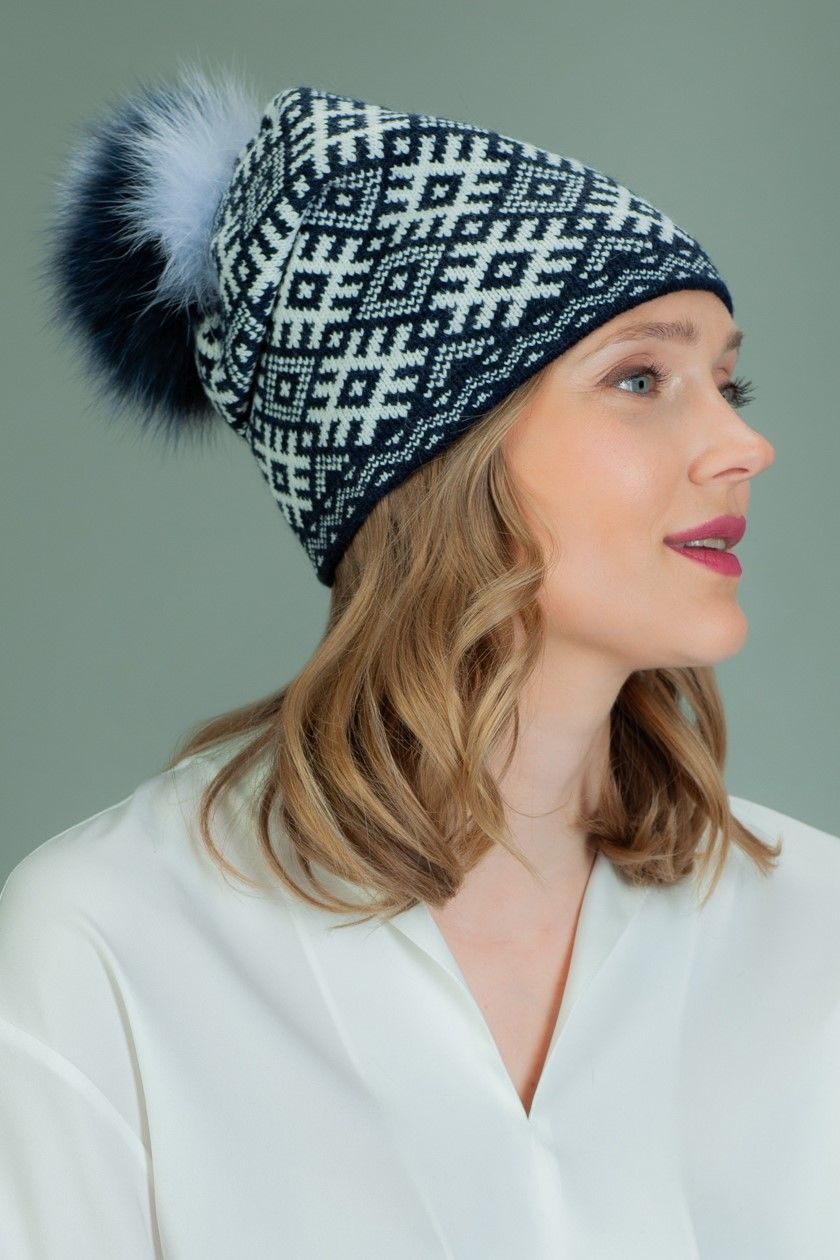 Knit Wool Beanie Hat With Fox Fur Pom-Pom in White Rhombus ...