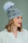 slouchy knit wool hat with fur pom-pom with gray rhombus pattern