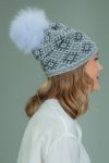slouchy knit wool hat with fur pom-pom with gray rhombus pattern