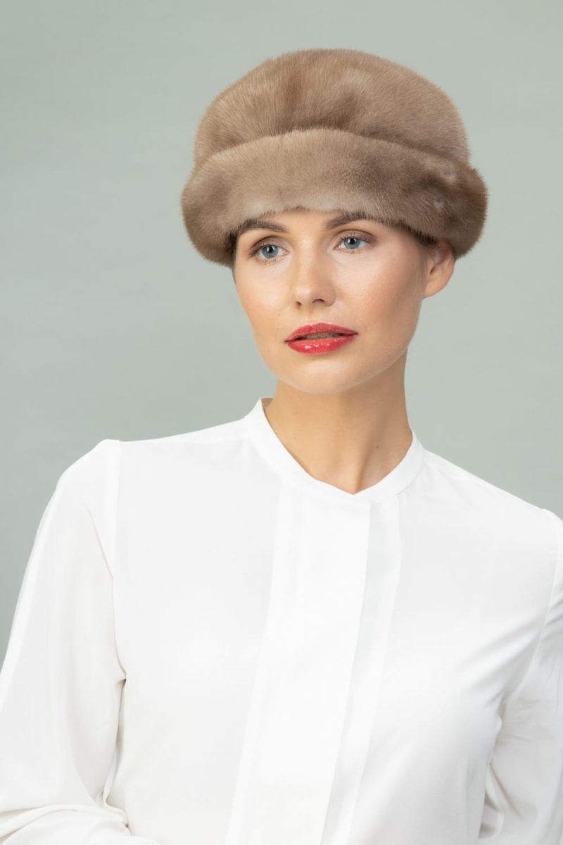 beige round mink fur hat for men and women