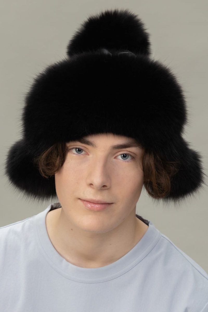 black fox fur puffy hat