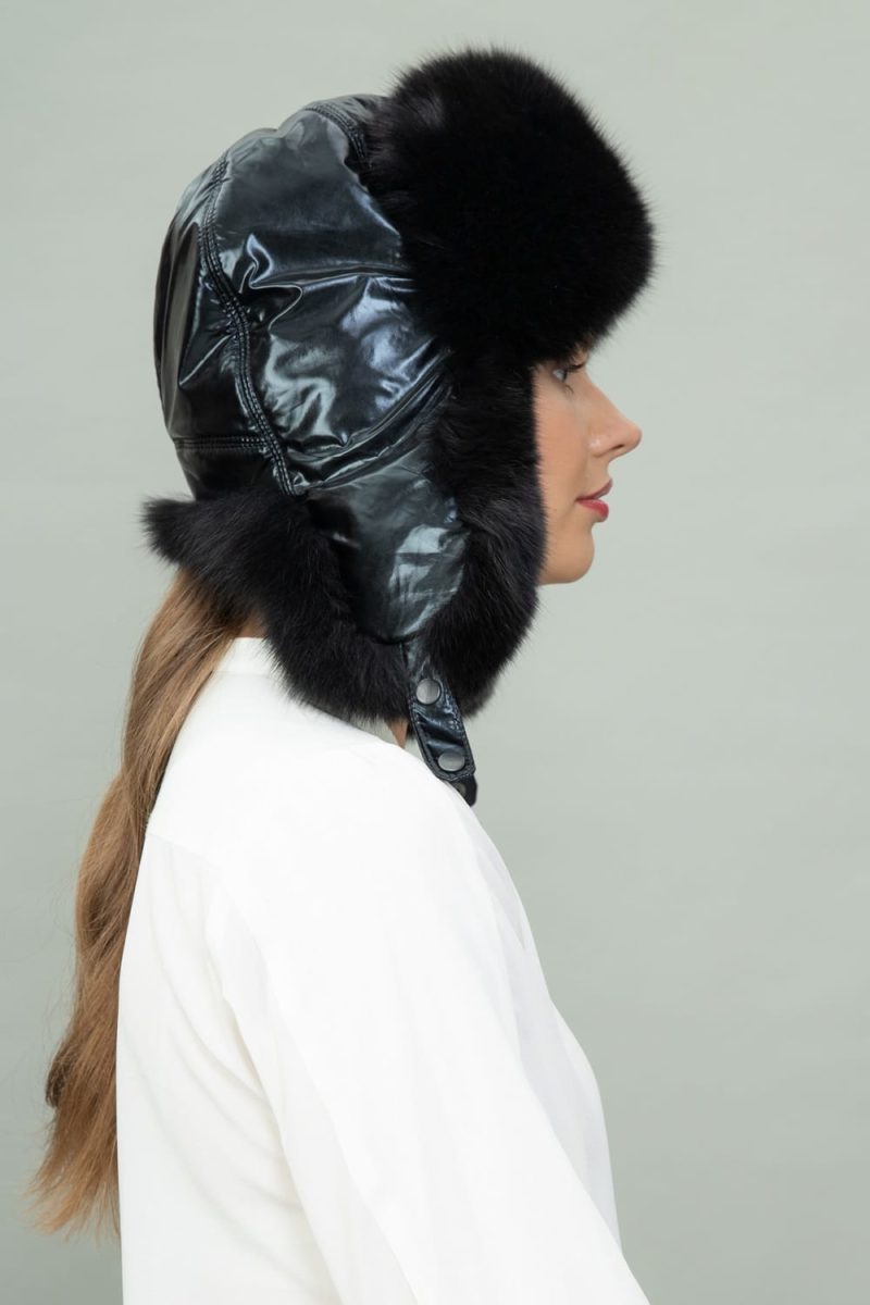 black fox fur and puffy hat with ear flaps
