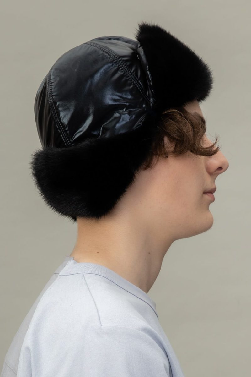 black mink fur puffy hat with ear flaps