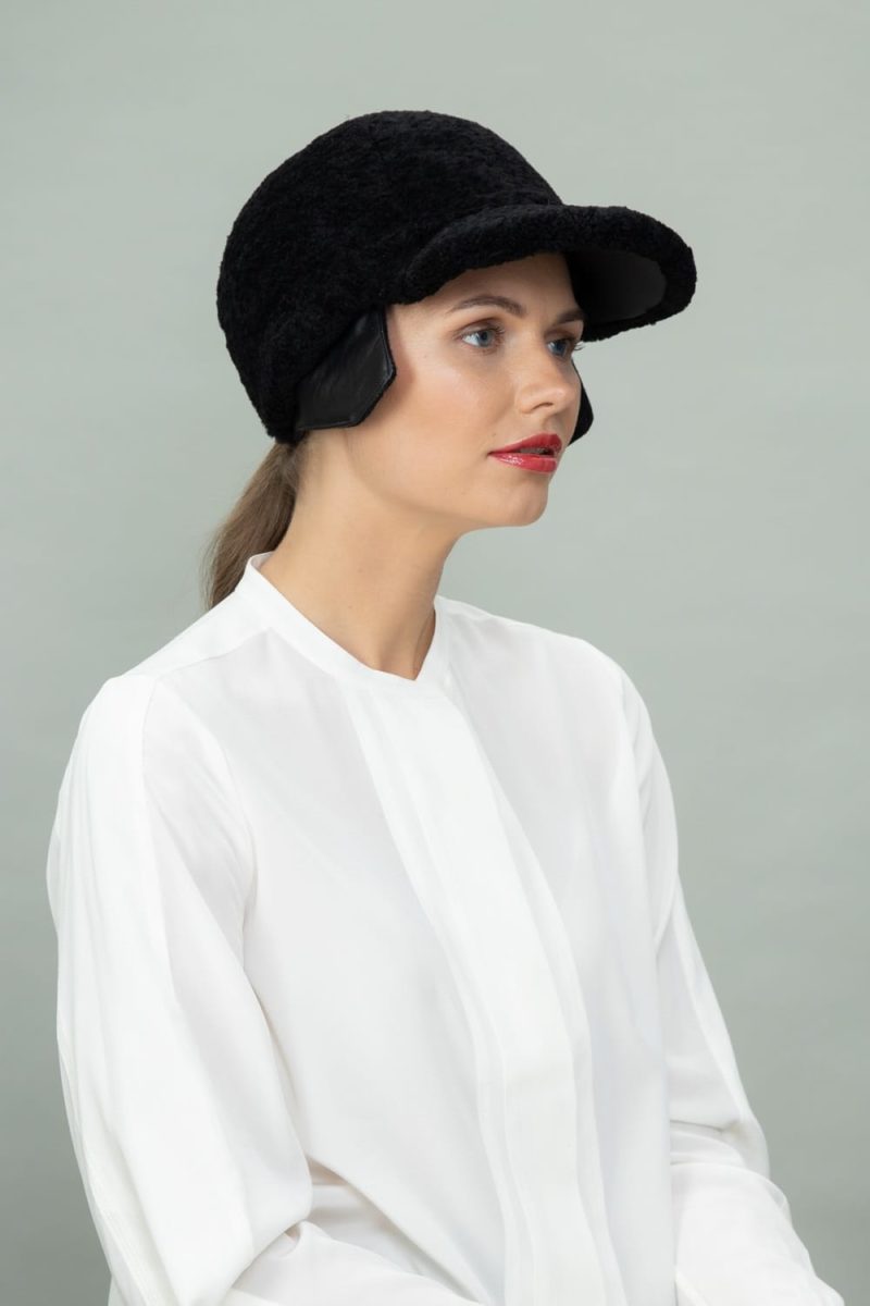 black sheepskin snap hat for men and women