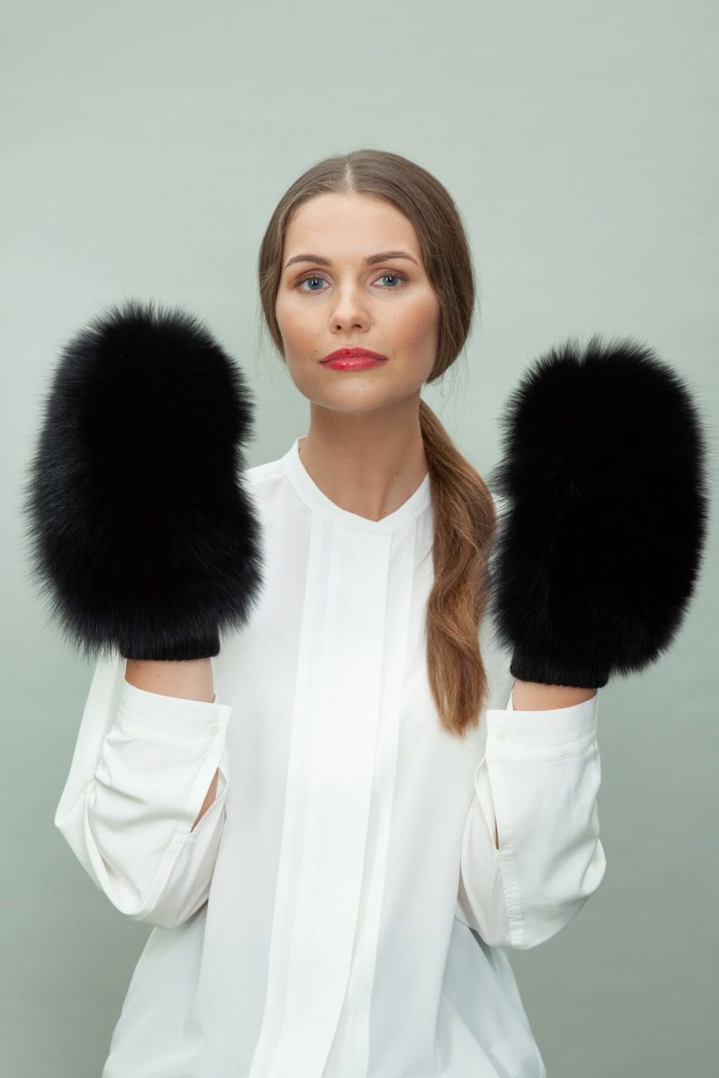 black wool mittens with fox fur