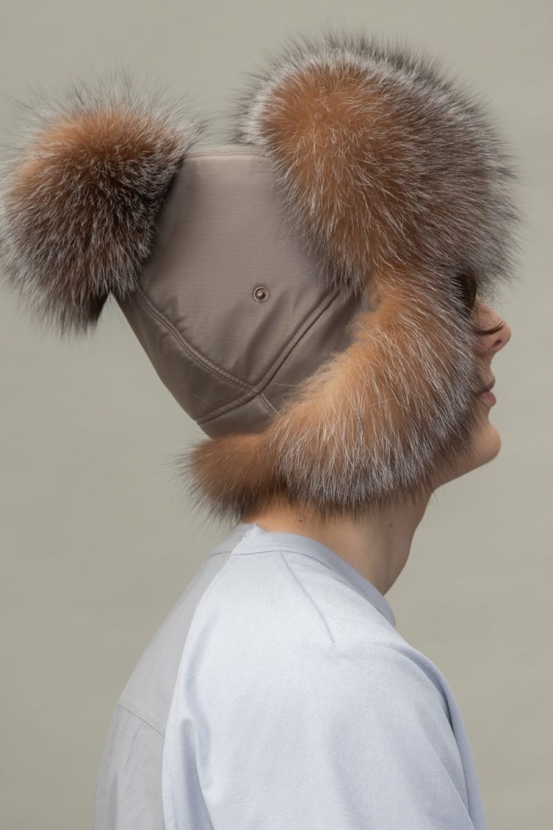 brown fox fur puffy hat