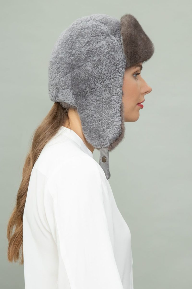brown mink fur and gray sheepskin hat with ear flaps