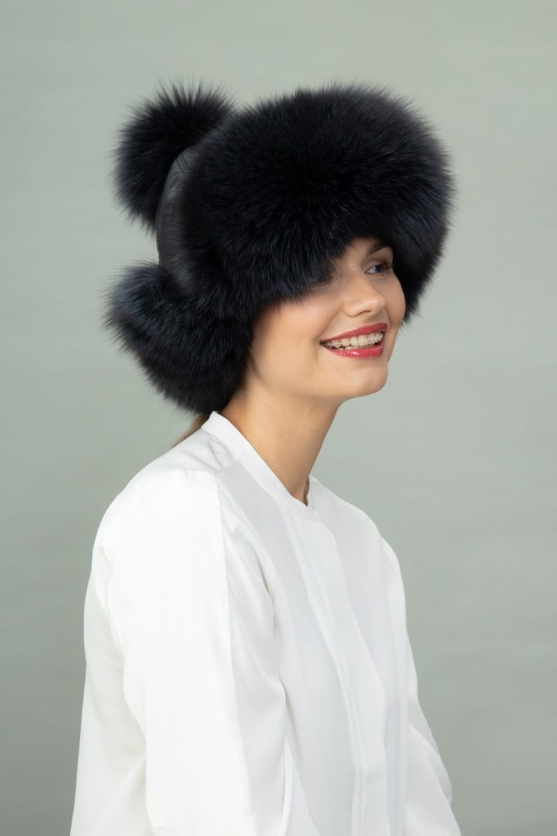 dark blue fox fur puffy hat