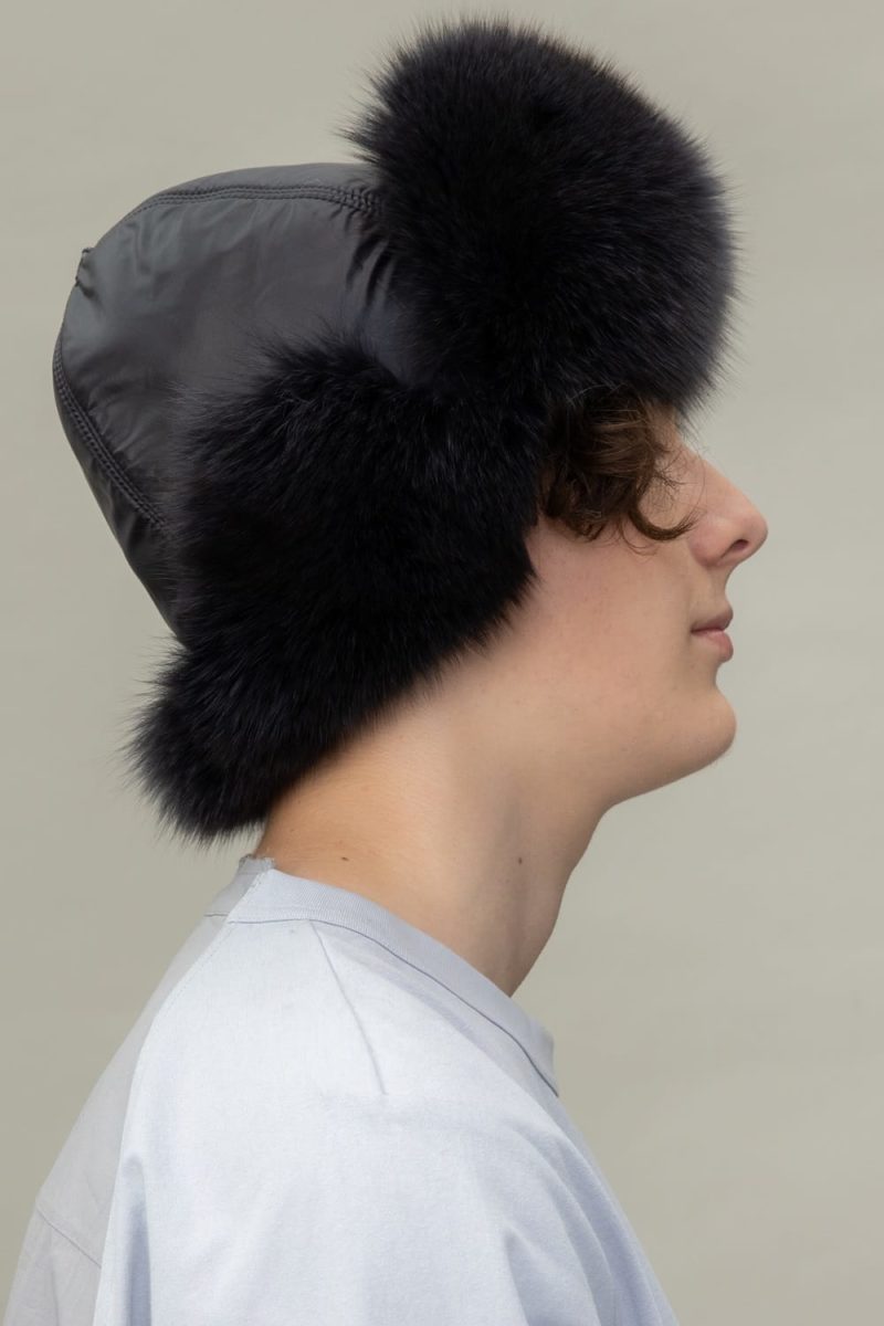 dark blue fox fur puffy hat