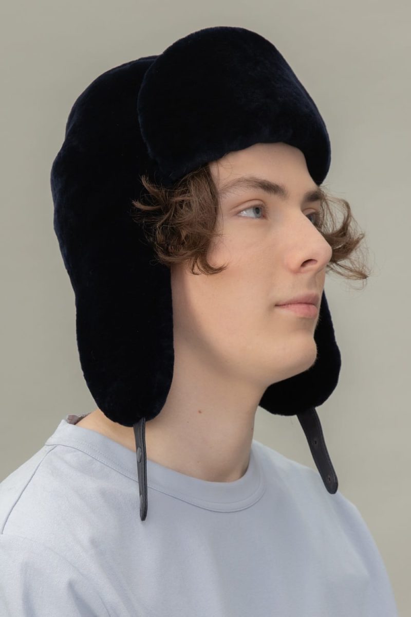 dark blue mouton sheepskin hat with ear flaps