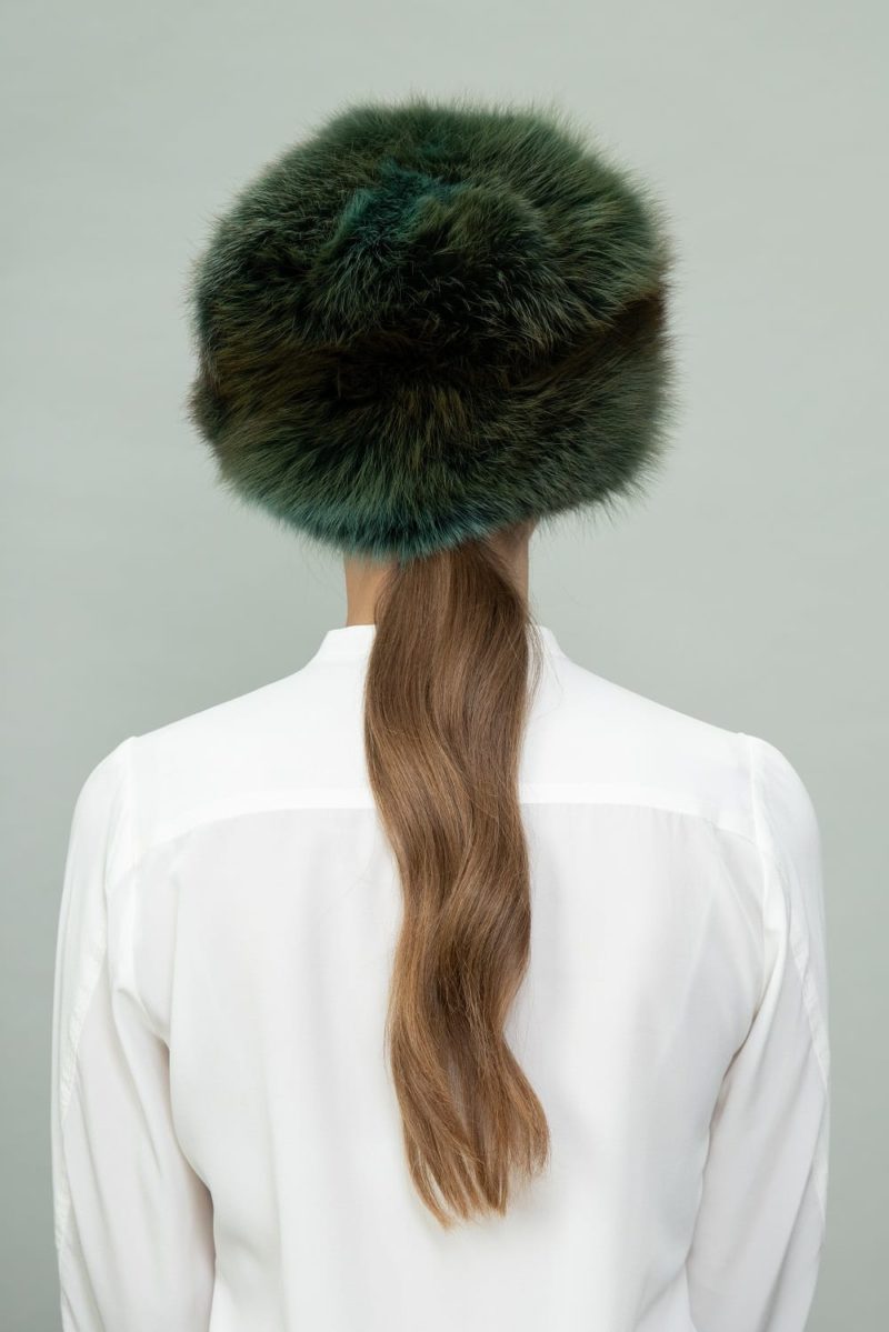 dark green fox full fur round hat