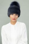 dark purple mink fur hat with fox fur pom-pom