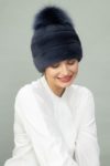 dark purple mink fur hat with fox fur pom-pom