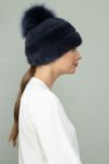 dark purple mink fur hat with fox fur pom-pom
