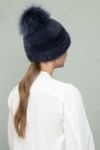 dark purple mink fur hat with fox fur pom-pom